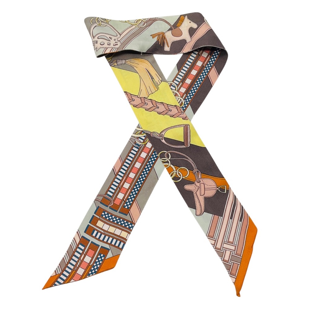 Hermes Multicolor Printed Silk Twilly with Orange Accents